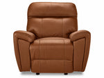Apollo mocha leather glider recliner front view with plush headrest, cushioned back and padded arms