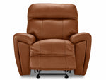Apollo mocha leather glider recliner front view with power footrest extended and padded headrest