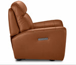 Apollo mocha leather glider recliner side view in upright position with side-mounted power controls