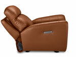 Apollo mocha leather glider recliner side view with backrest and adjustable headrest reclined and power controls visible