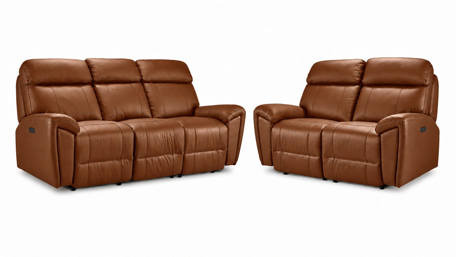 Apollo Leather Dual Power Reclining Sofa and Loveseat Set - Mocha with plush headrests and padded arms