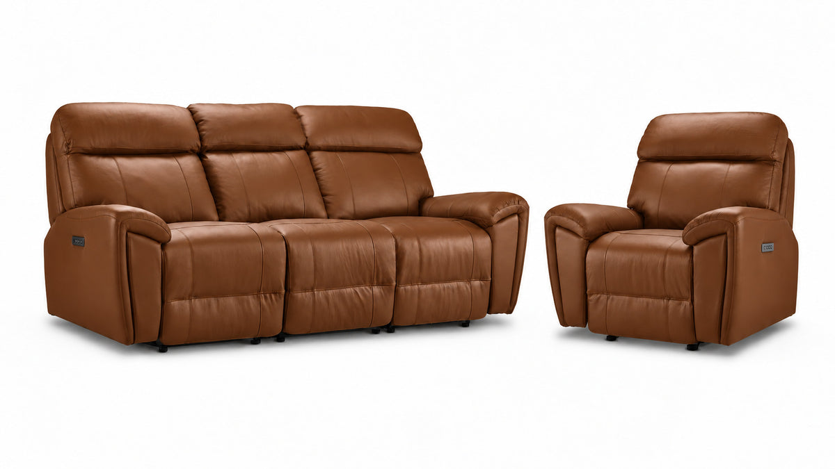 Apollo Leather Dual Power Reclining Sofa and Glider Recliner Set - Mocha with plush headrests, padded arms and stitched leather