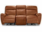 Apollo mocha leather reclining sofa front view with both end footrests extended and plush headrests