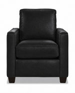 City Leather Chair - Black front view with a padded back cushion, piped seat cushion, slim track arms and dark wood legs