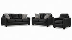City Leather Sofa, Loveseat and Chair Set - Black with matching leather seating, patterned accent pillows and dark wood legs