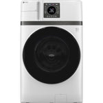 Front view of GE Profile 5.3 cu. ft. UltraFast washer dryer combo in white with large black circular door and digital controls