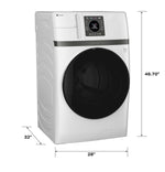 GE Profile 5.3 cu. ft. UltraFast washer dryer combo in white with dimensions showing 28-inch width, 32-inch depth and 46.70-inch height