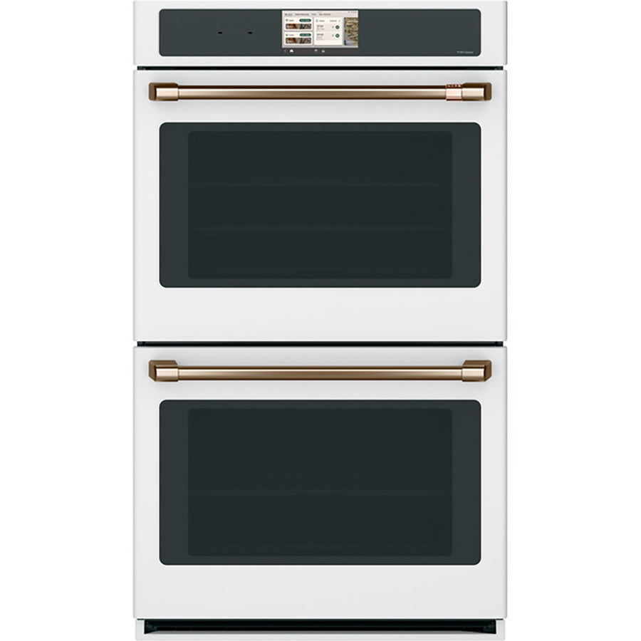 CAFÉ™ Professional Series 30" Matte White Double Wall Oven, front view with touchscreen and two glass doors