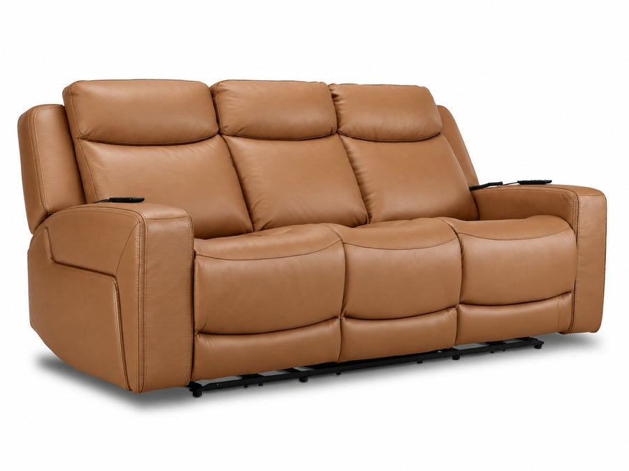 Jackson Leather Power Reclining Sofa with Heat and Massage - Butternut angled view with three padded seats and headrests