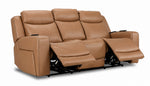 Jackson butternut leather reclining sofa angled view with both end footrests extended and centre seat upright