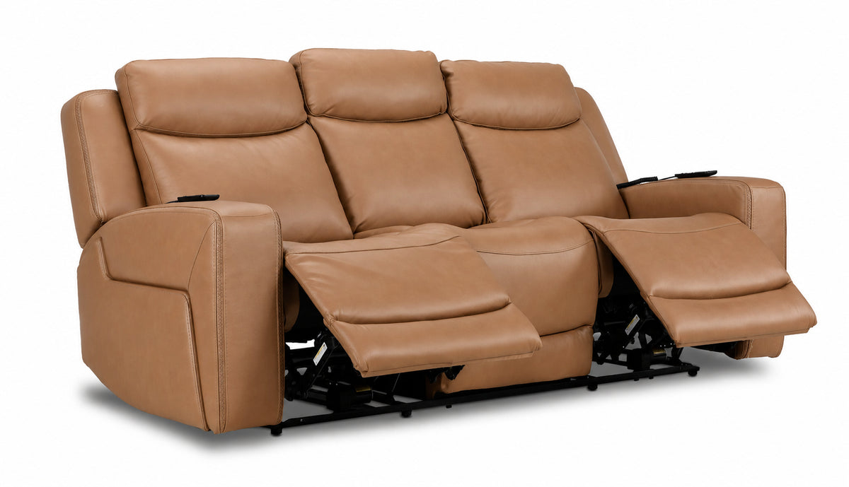Jackson butternut leather reclining sofa angled view with both end footrests extended and centre seat upright