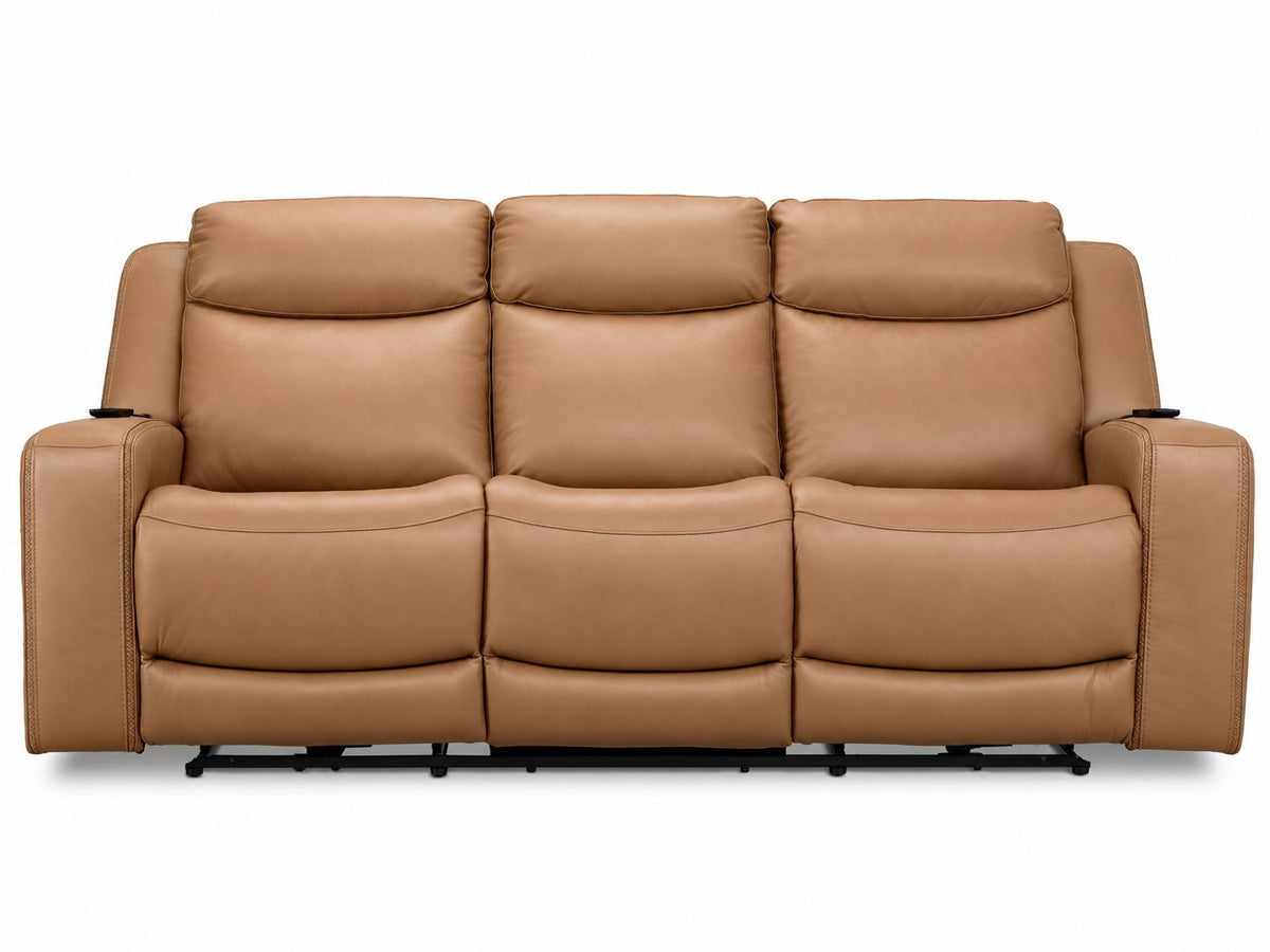 Jackson butternut leather power reclining sofa front view with three cushioned seats, padded backs and wide arms