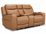 Jackson butternut leather power reclining loveseat angled view with two seats, centre console and padded headrests