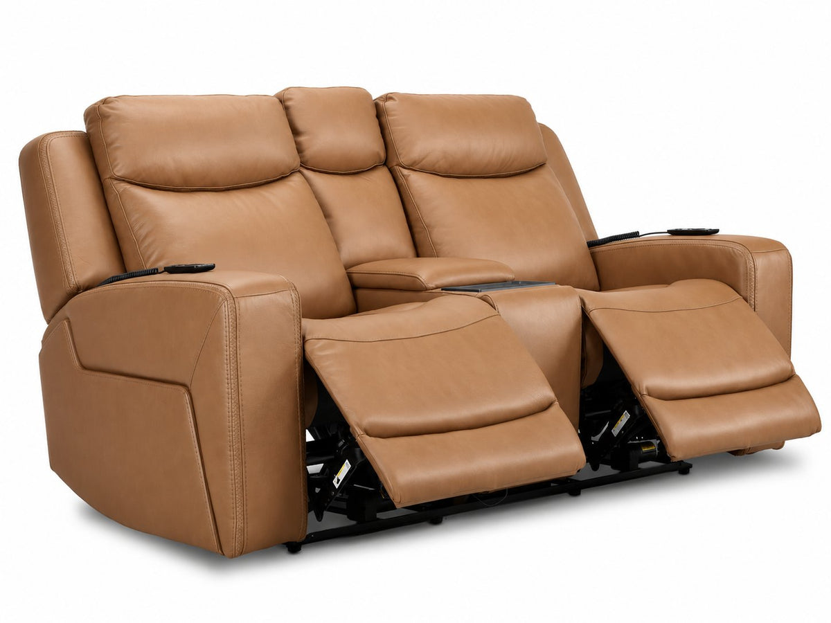 Jackson butternut leather reclining loveseat angled view with both power footrests extended and centre console