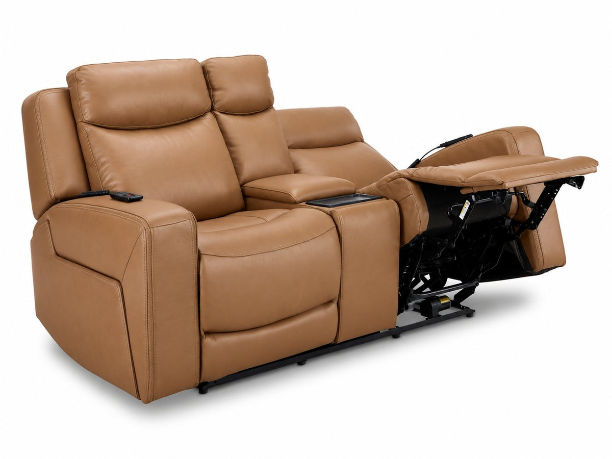 Jackson butternut leather loveseat angled view with one seat fully reclined in zero gravity position