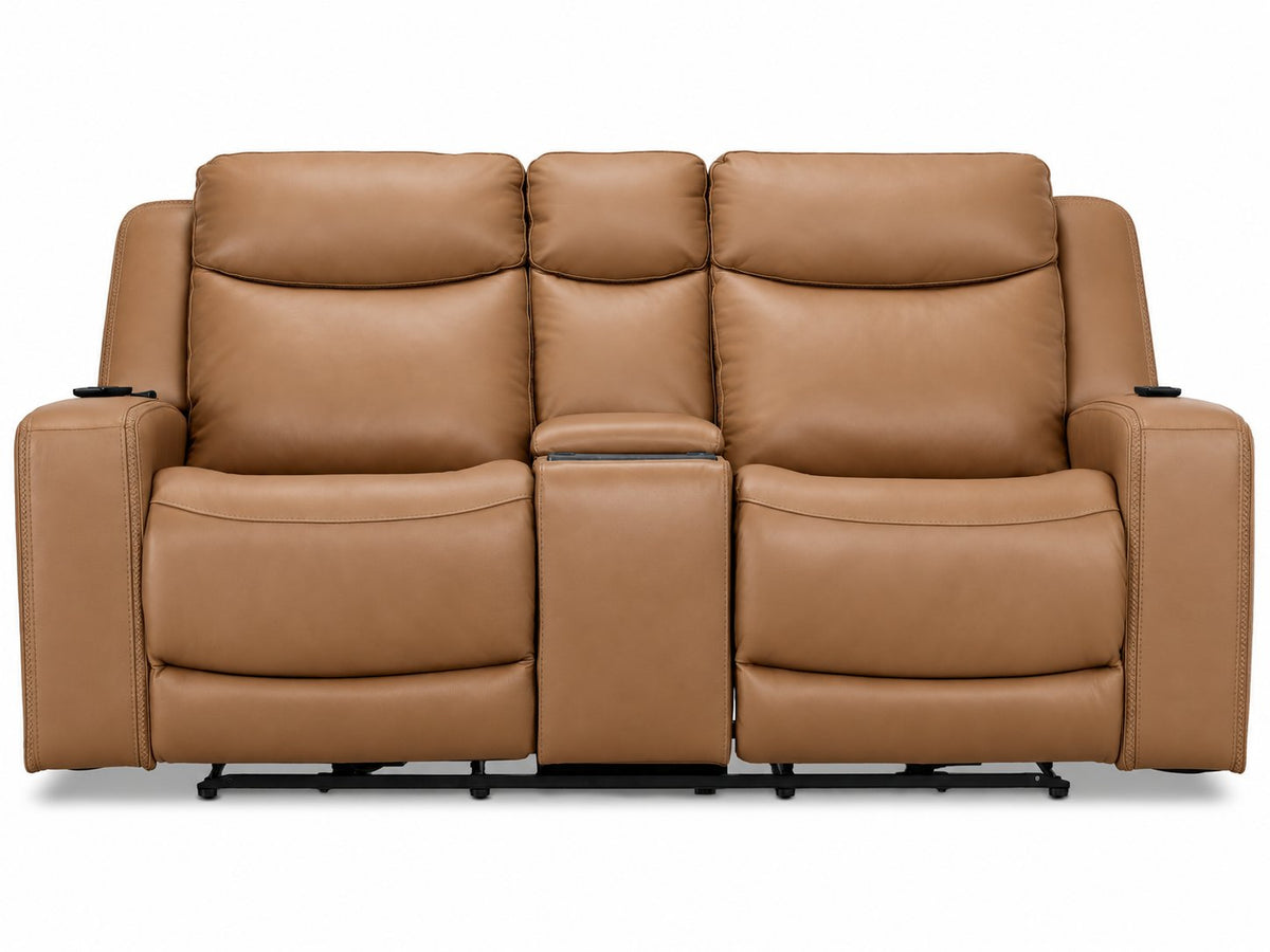 Jackson butternut leather power reclining loveseat front view with two cushioned seats, padded headrests and centre console
