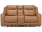 Jackson butternut leather power reclining loveseat front view with two cushioned seats, padded headrests and centre console