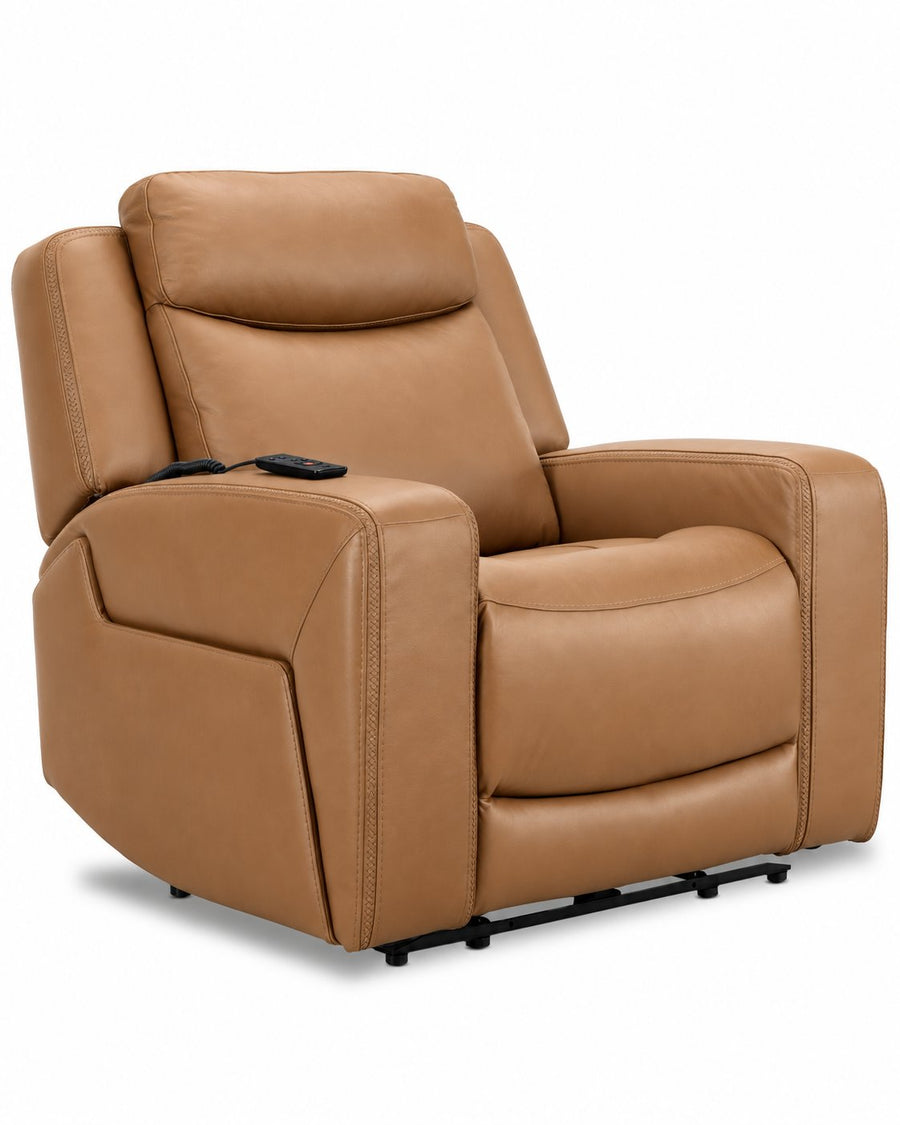 Jackson Leather Power Recliner with Heat and Massage - Butternut angled view with padded headrest, wide arms and stitched leather