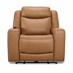 Jackson butternut leather power recliner front view with padded headrest, cushioned back and wide arms