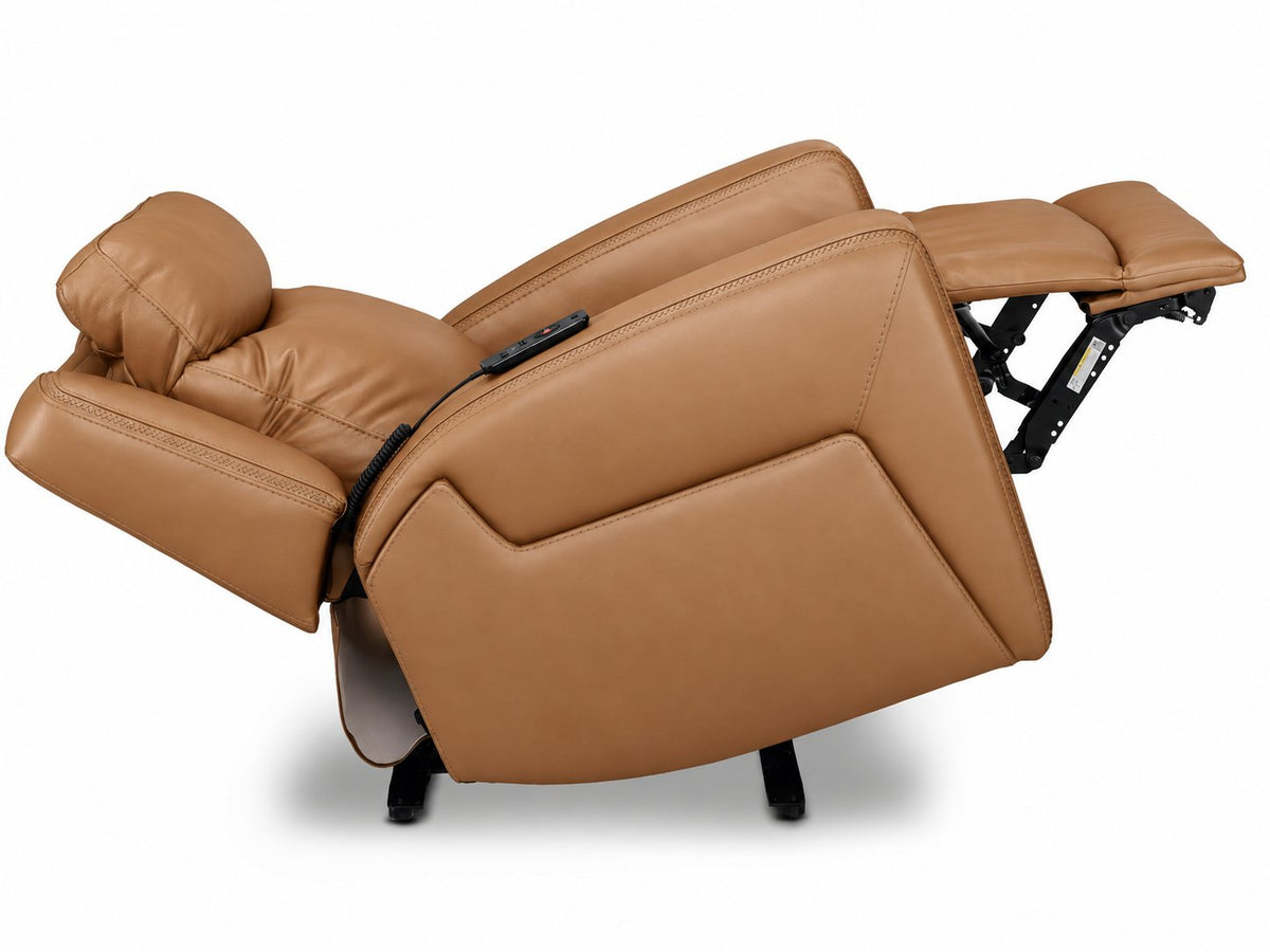 Jackson butternut leather power recliner side view in zero gravity position with backrest and footrest fully extended