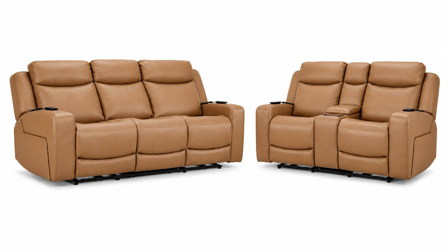 Jackson Leather Power Reclining Sofa and Loveseat Set - Butternut with plush headrests, wide arms and power controls