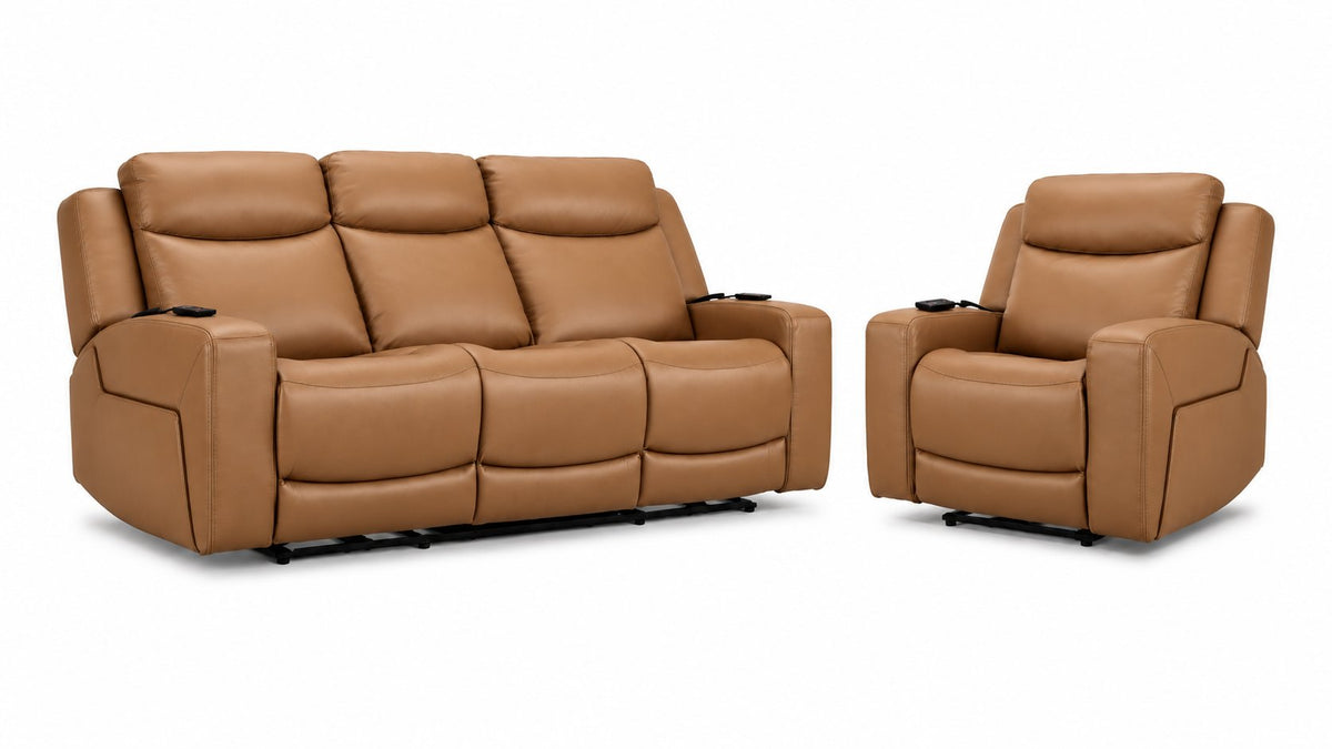 Jackson Leather Power Reclining Sofa and Recliner Set - Butternut with plush headrests, wide arms and power controls