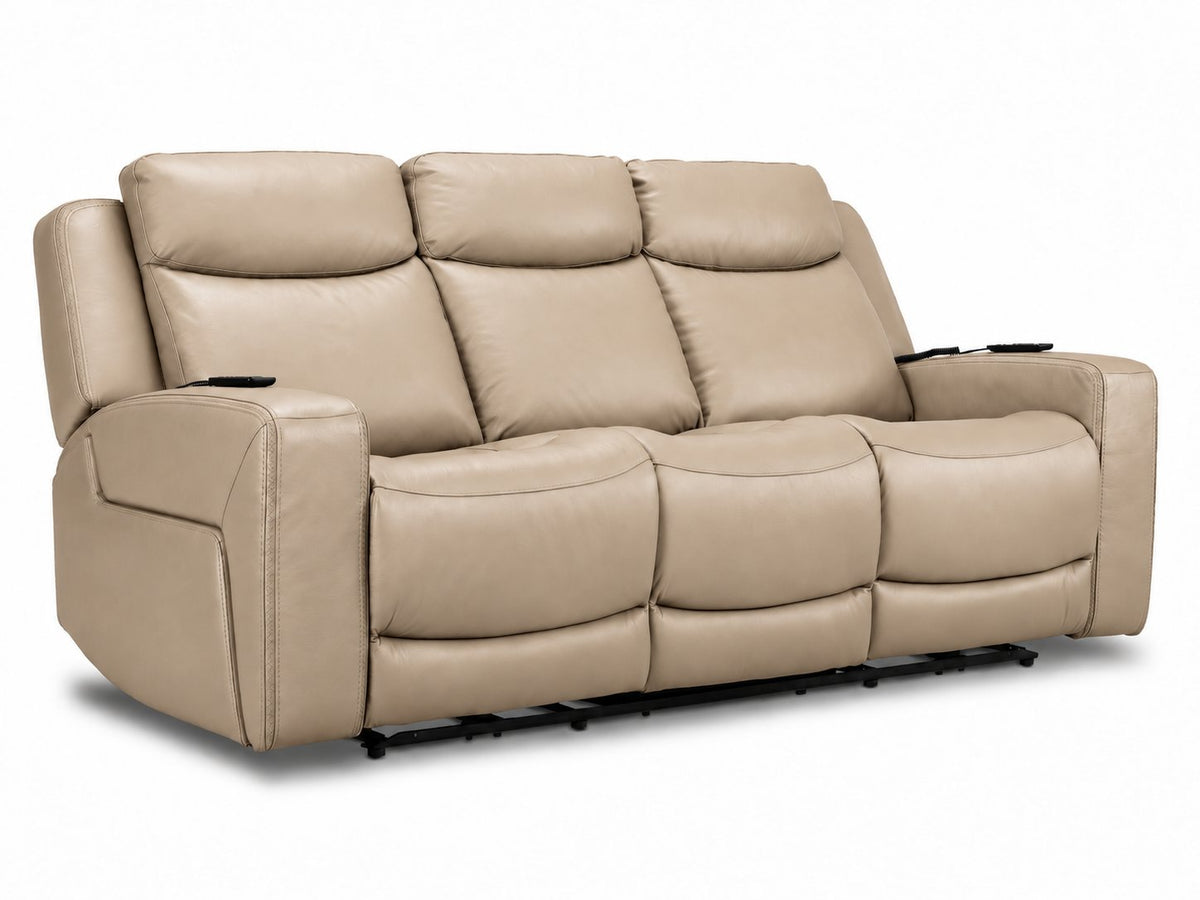 Jackson pristine leather power reclining sofa angled view with three padded seats, headrests and wired remotes