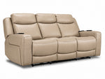 Jackson pristine leather power reclining sofa angled view with three padded seats, headrests and wired remotes