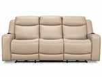 Jackson pristine leather power reclining sofa front view with three cushioned seats, padded backs and wide arms