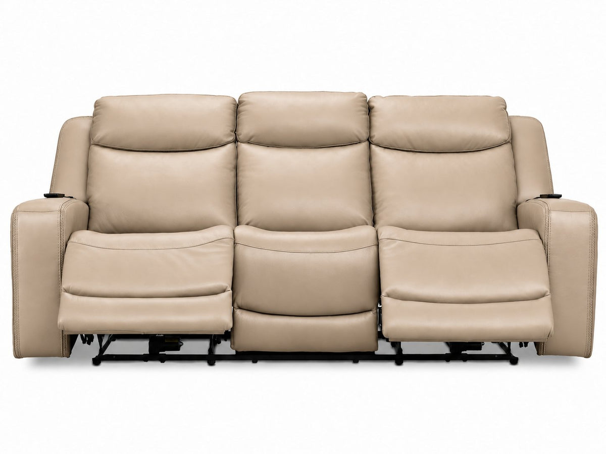 Jackson pristine leather reclining sofa front view with both end footrests extended and centre seat upright