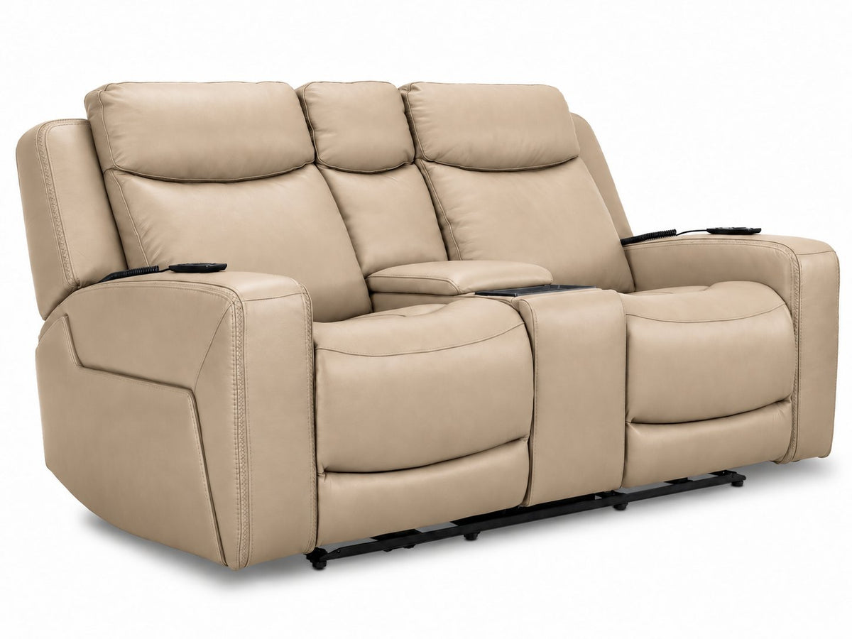 Jackson pristine leather power reclining loveseat angled view with two seats, centre console and padded headrests