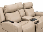 Jackson pristine leather loveseat close-up showing padded seats, remotes, wireless charging pad and cupholders