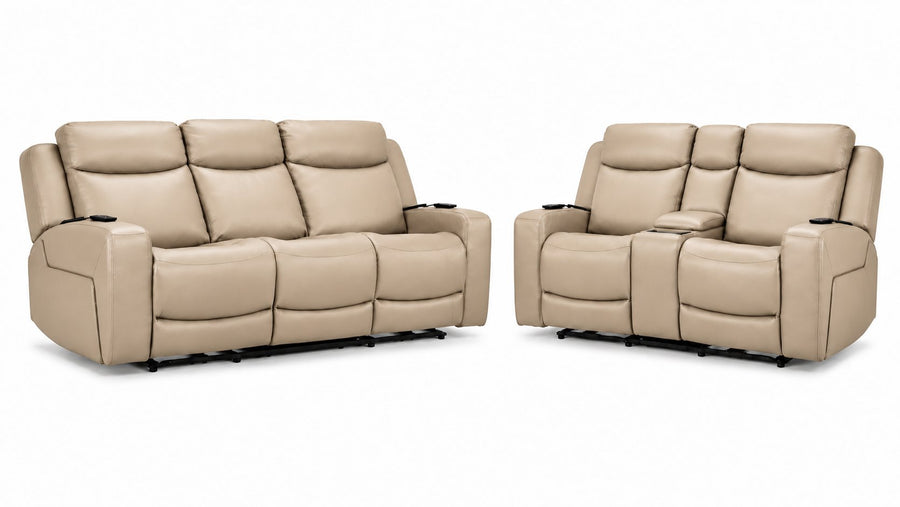 Jackson Leather Power Reclining Sofa and Loveseat Set - Pristine with padded headrests, wide arms and stitched leather