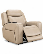 Jackson pristine leather recliner angled view with power footrest extended and padded headrest