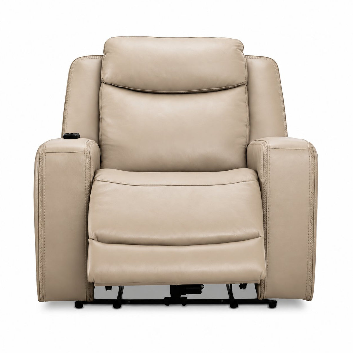 Jackson pristine leather recliner front view with power footrest extended and plush padded seating