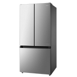 Angled view highlighting the stainless steel finish, three-door design and dark side panel