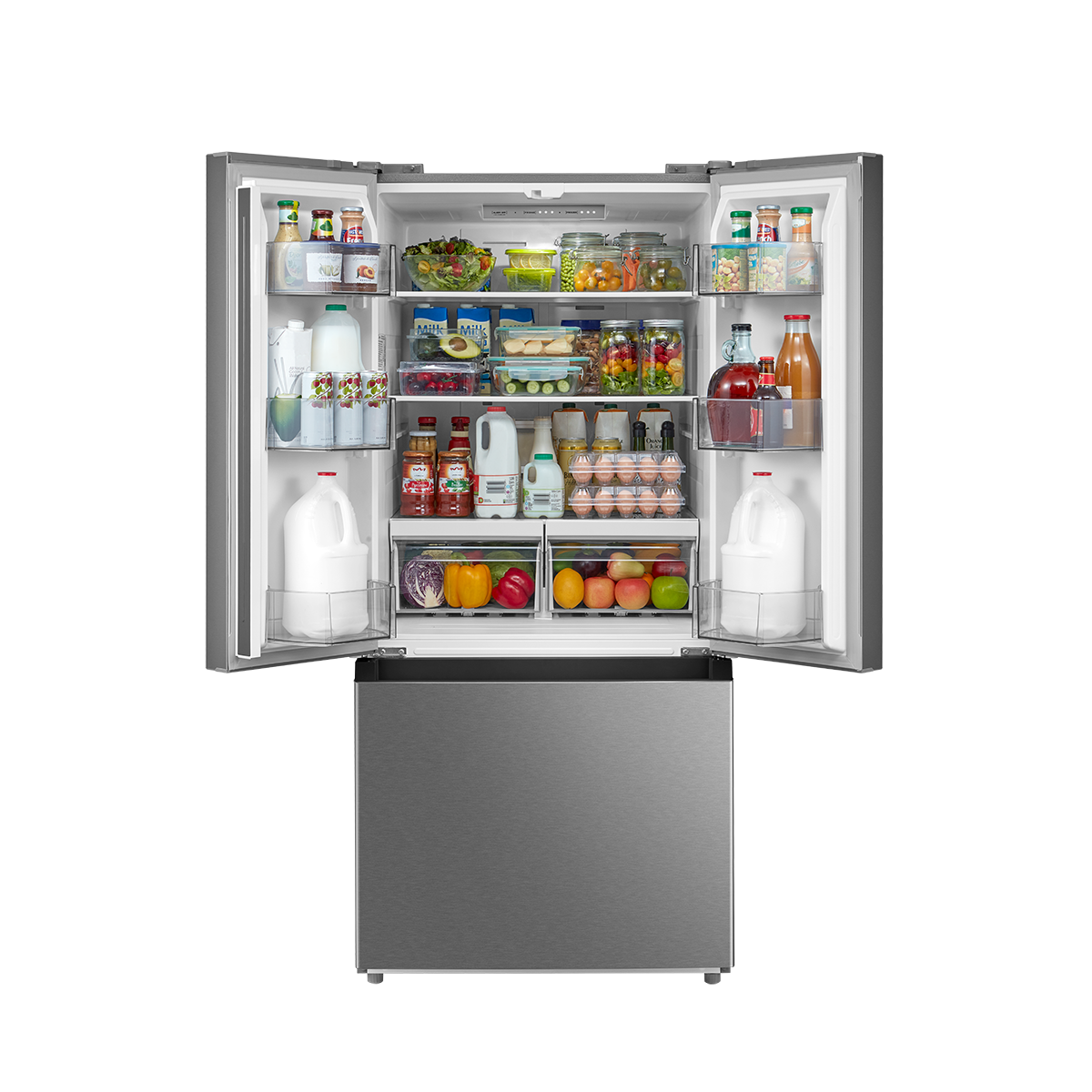 Open refrigerator stocked with groceries across glass shelves, door bins and crisper drawers