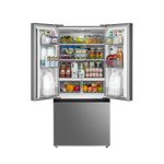 Open refrigerator stocked with groceries across glass shelves, door bins and crisper drawers