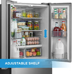Adjustable refrigerator shelf graphic showing flexible shelf positioning