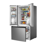 Angled open refrigerator showing fresh food storage and partially open bottom freezer