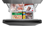 Bottom freezer drawer loaded with frozen foods in upper and lower storage sections