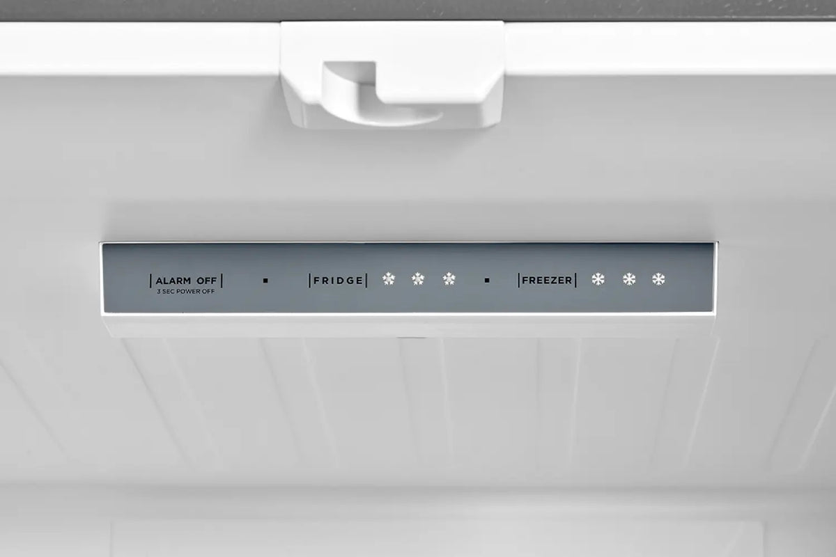 Interior control panel with refrigerator, freezer and alarm settings