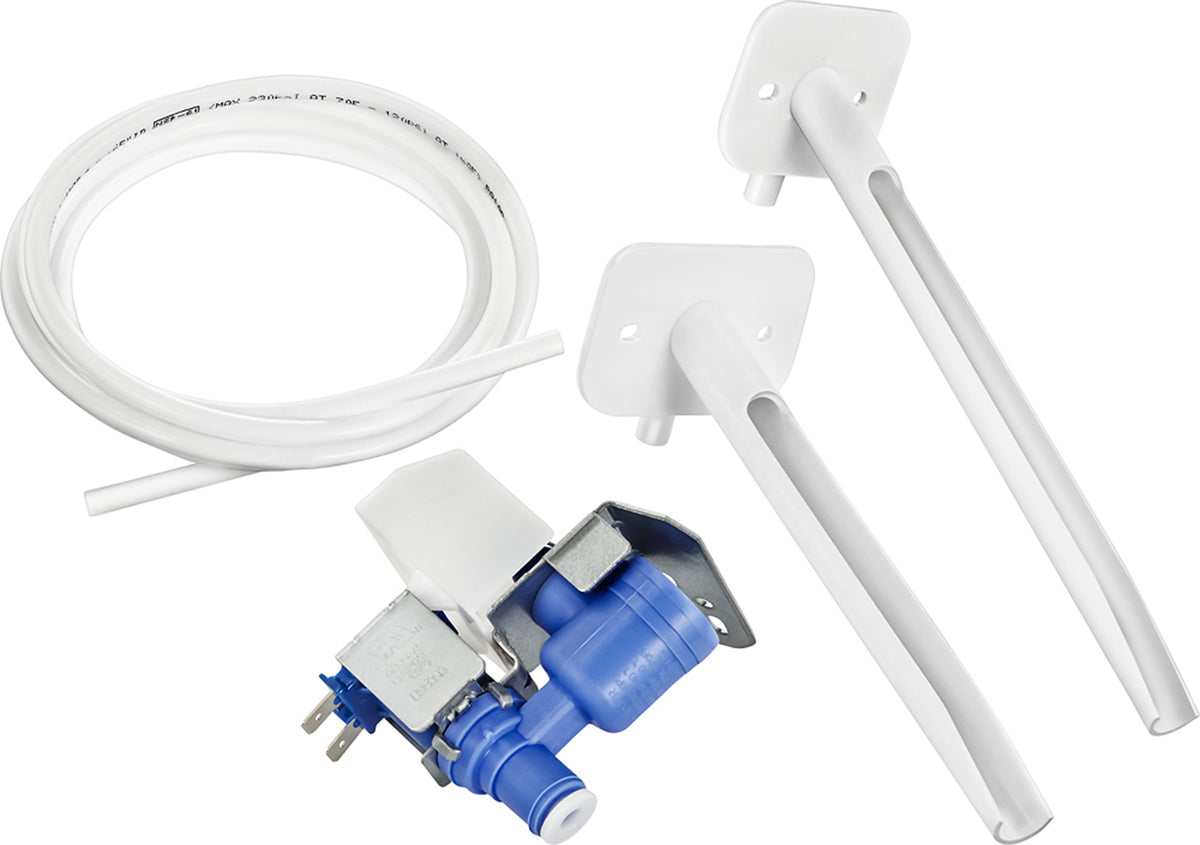 Ice maker installation kit with water tubing, valve and mounting components