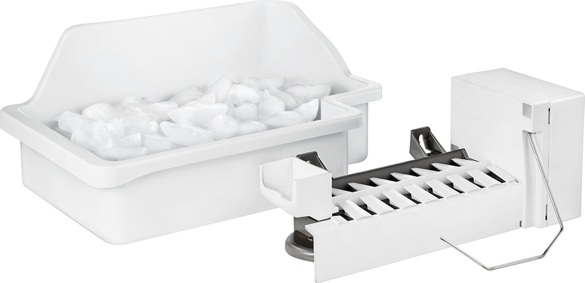 Ice maker assembly with white ice storage bin
