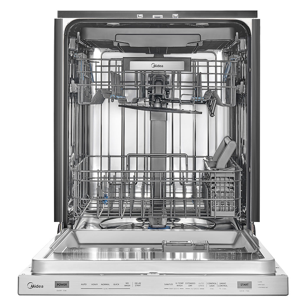 Open dishwasher showing third, middle and lower racks with stainless steel interior