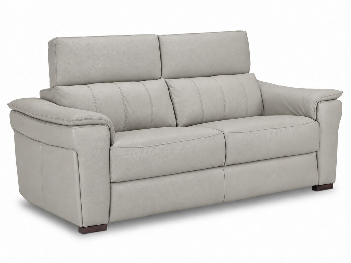 Grey leather sofa with deep seating, stitched back cushions and raised headrests