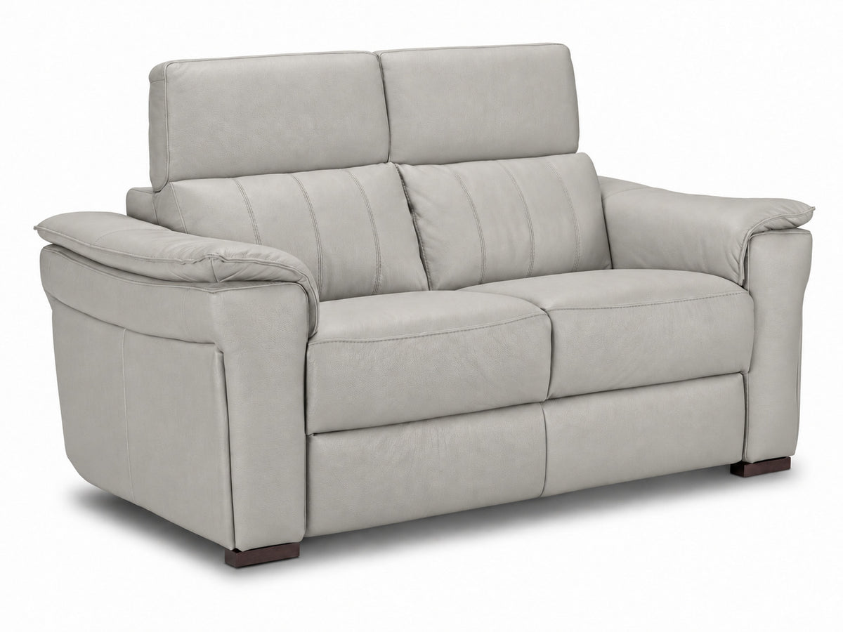 Matching two-seat grey leather loveseat with padded arms and raised headrests