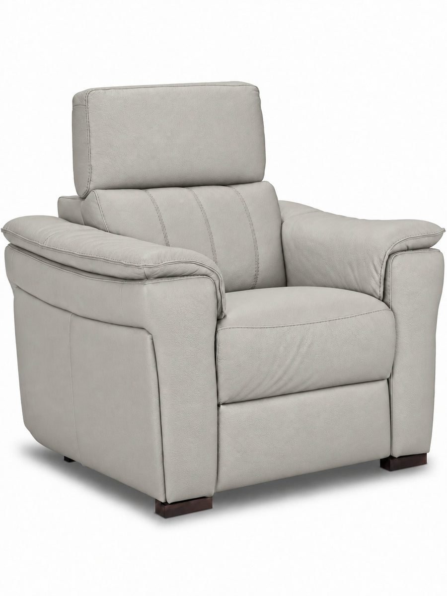 Orlando-Ray grey leather chair with deep seat, padded arms and raised adjustable headrest