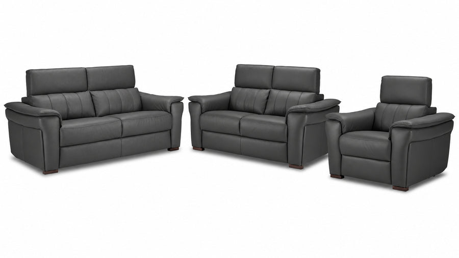Orlando-Ray dark grey leather sofa, loveseat and chair set with raised adjustable headrests