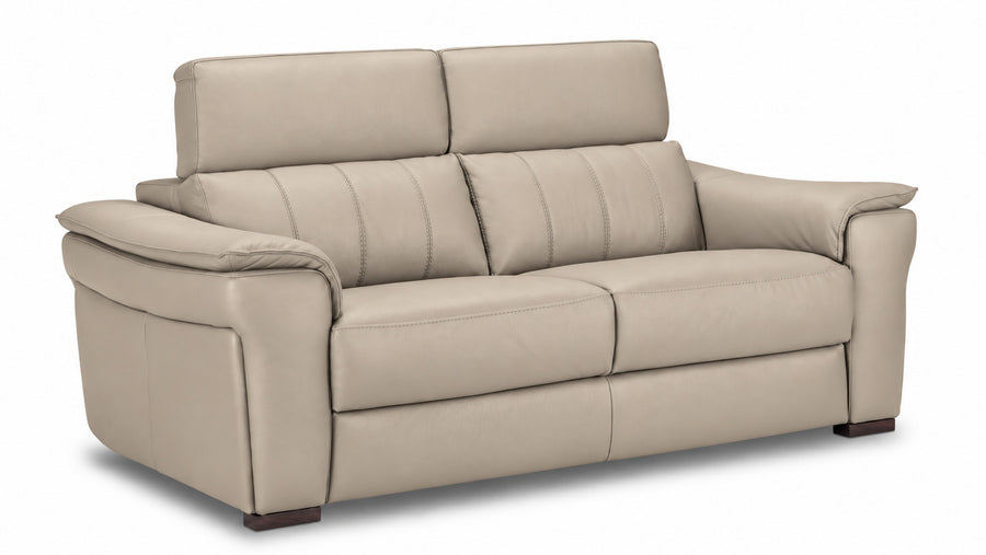 Orlando-Ray tan leather loveseat with two seats, padded arms and raised adjustable headrests